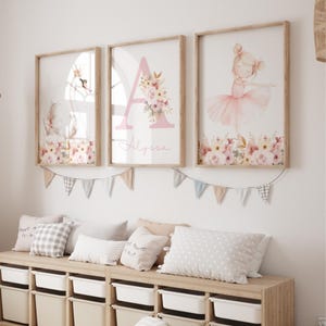 Girls Bedroom Prints, Ballerina Nursery Art Set of 3, Floral Swan Decor, Pink & Pastel Girl Wall Art, Digital Download