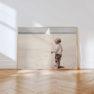 Boy on the beach wall art, ocean nursery decor, neutral beach print, grandson gift