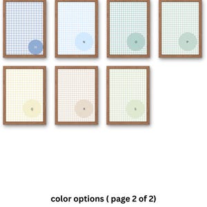 May include: Eight framed images with a gingham pattern in various colors. Each image has a circle in the center with a letter inside. The letters are M, N, O, P, Q, R, S, and T.