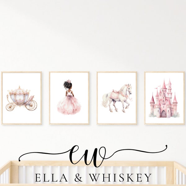 Once Upon a Time - African American Princess & Castle Art, Blush Pink Nursery Prints, Instant Download for Girl's Room Decor