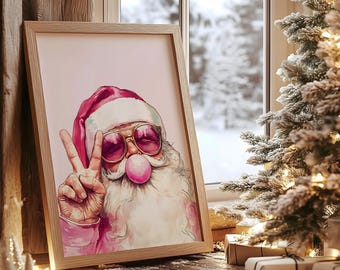 Retro Pink Santa Christmas Art: Bubble Gum Holiday Print