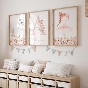 Girls Bedroom Prints, Ballerina Nursery Art Set of 3, Floral Swan Decor, Pink & Pastel Girl Wall Art, Digital Download