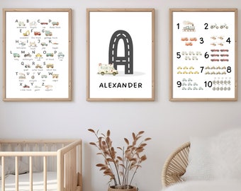May include: Three printable posters for a child's room. The first poster features the alphabet with a different vehicle for each letter. The second poster features the letter A with a road and an ambulance. The third poster features numbers 1 through 10 with a different vehicle for each number. The name Alexander is printed below the letter A.