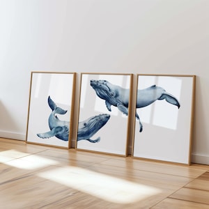 Whale Prints Set for Ocean Nursery Decor, Nautical Theme, Baby Boy Room, Set of 3 Art Prints