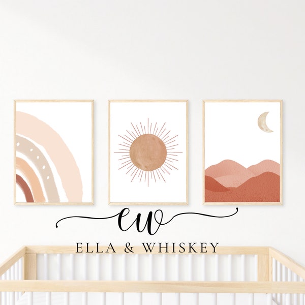 Bohemian Nursery Wall Art, Blush Pink Sun & Rainbow with Desert Moon, Baby Girl Room Decor, Newborn Gift