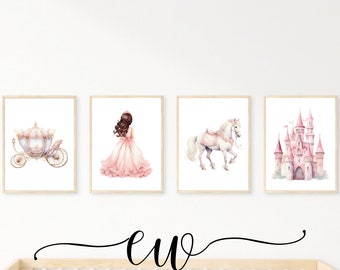 Once Upon a Time Little Princess Nursery Prints - Brown Hair Princess with Pink Palace & Carriage, Instant Download for Baby Shower Gift