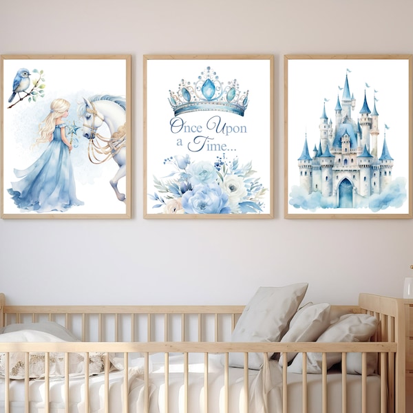 Princess Nursery Wall Art, Fairytale Castle, Princess Room Nursery Decor, Princess Prints, Princess Themed Room, Blue Princess Wall Art