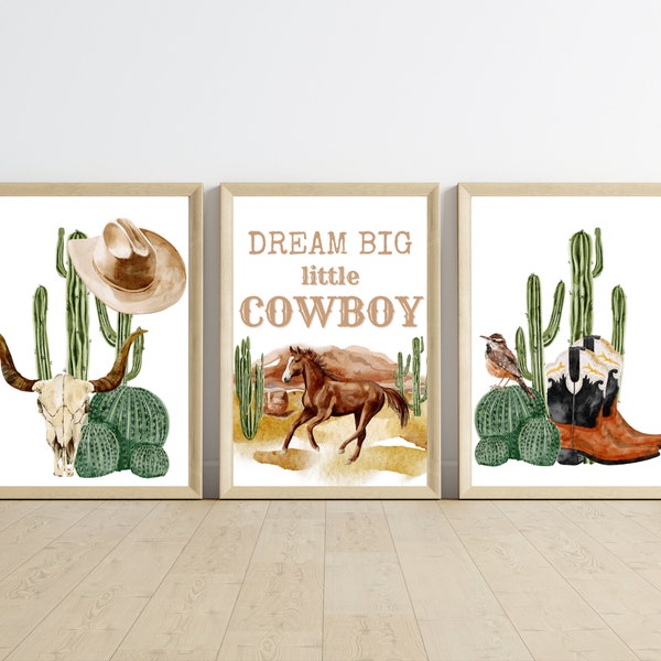 Cowboy Nursery Prints, Boy Room Printable Wall Art, Western Cowboy, Dream Big Little Cowboy, Cactus Playroom Wall Decor