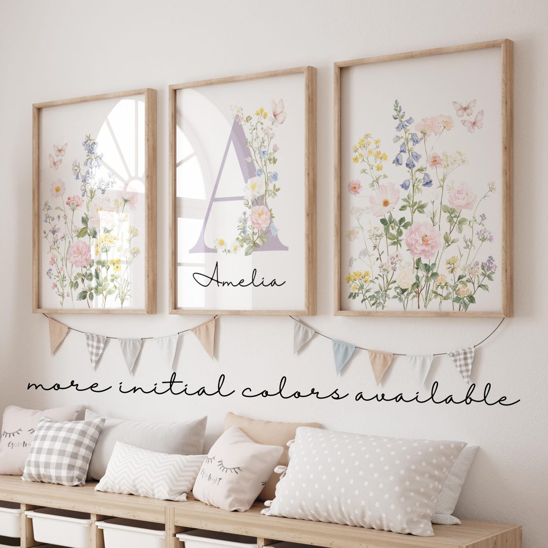 Personalized Floral Initial Print Set • Custom Name Nursery Wall Art - Etsy