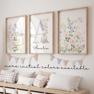 Personalized Floral Initial Print Set • Custom Name Nursery Wall Art