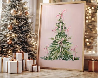 Pink Christmas Tree Watercolor Art: Holiday Printable Decor
