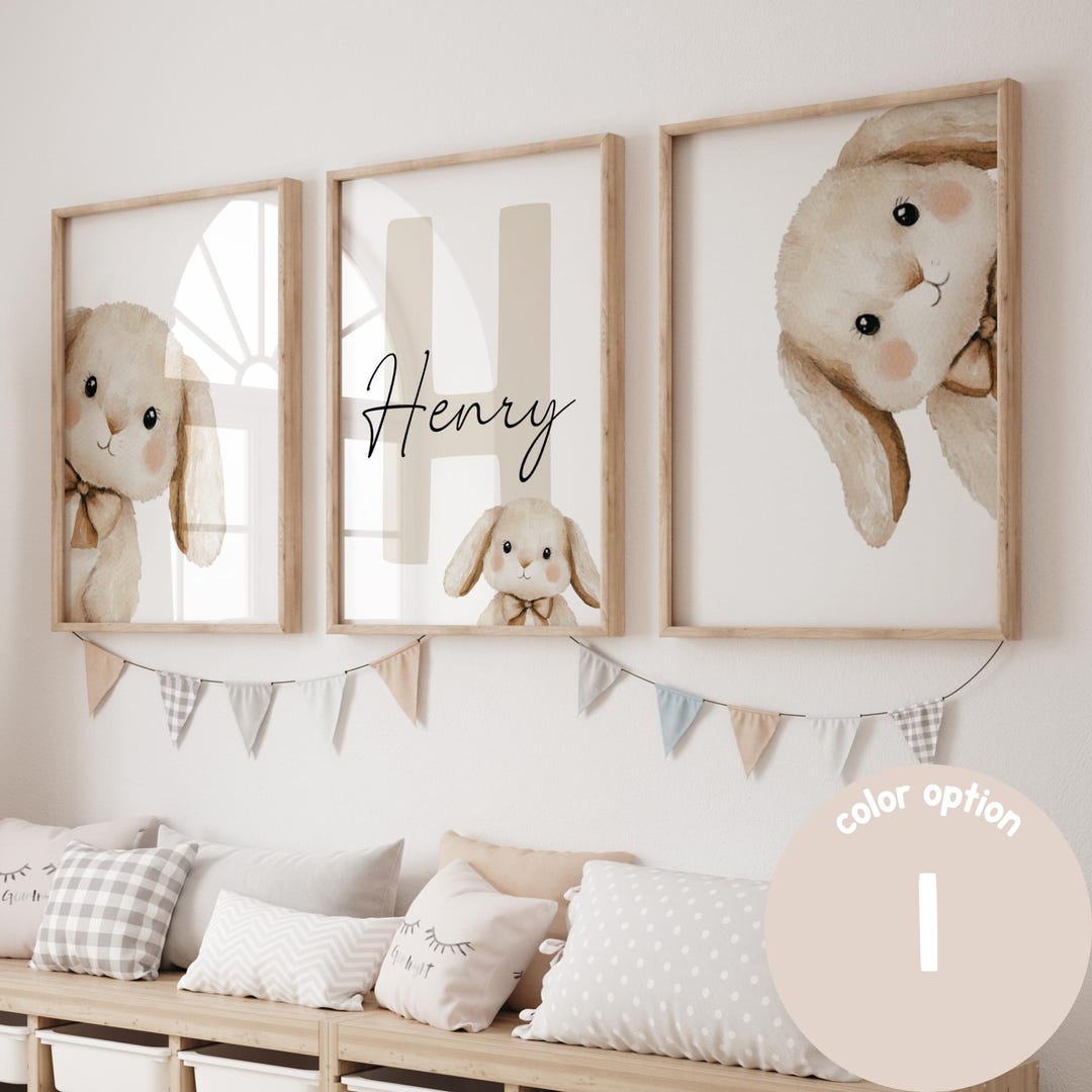 Personalized Bunny Nursery Wall Art Print, Watercolor Initial Name - Etsy