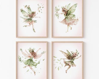 Fee Kinderzimmer Wand Kunst Drucke: Aquarell Märchen Dekor (4er Set)