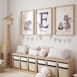 Láminas para guardería de bebés con forma de dragón, decoración para guardería de bebés con forma de dragón, impresión de arte de pared para guardería con nombre de bebé con forma de dragón personalizada, impresión digital personalizada de cuento de hadas
