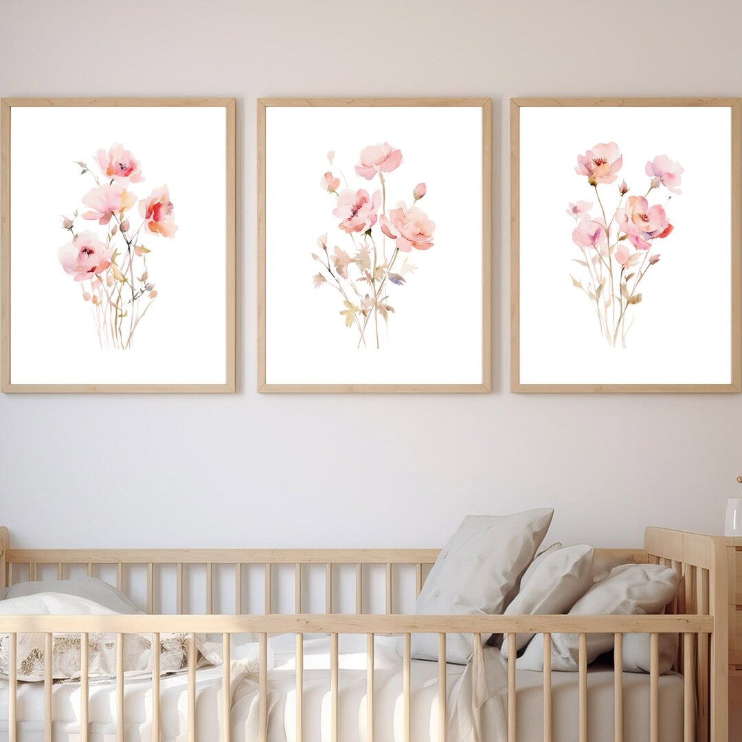 Pink Wildflower Nursery Decor: Watercolor Floral Art (set of 3 ...