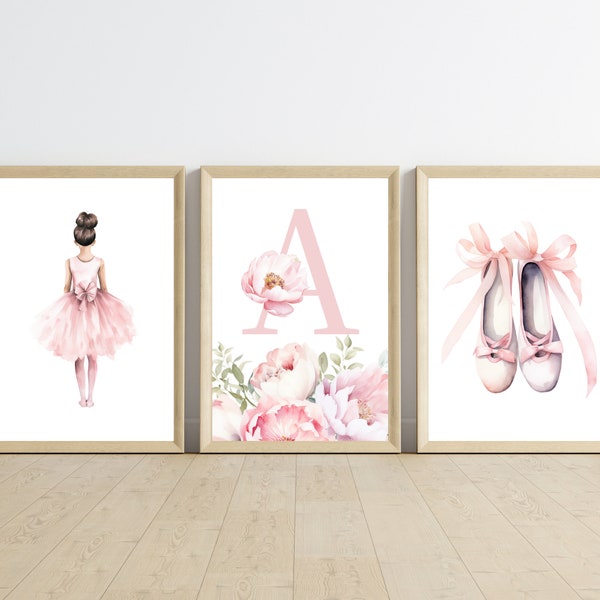 Personalized Ballerina Wall Art Set - Nursery Ballet Decor, Pointe Shoes, Custom Dancer & Initial, Perfect Gift For Ballerina Princess