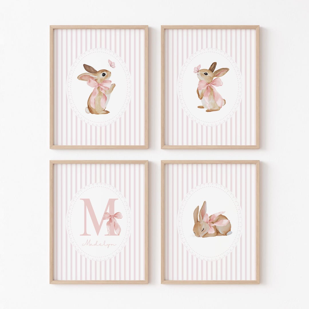Personalized Bunny Nursery Wall Art Print Set Pink - Etsy