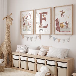 Láminas para guardería de bebés con forma de dragón, decoración para guardería de bebés con forma de dragón, impresión de arte de pared para guardería con nombre de bebé con forma de dragón personalizada, impresión digital personalizada de cuento de hadas