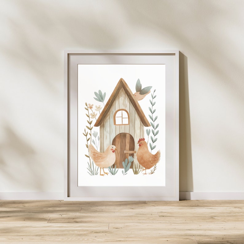 May include: Watercolor print of a rustic chicken coop with two chickens and a bird. The artwork features a brown and white coop with a small arched window and a wooden door. Soft green and white foliage surrounds the coop, creating a charming farm scene.