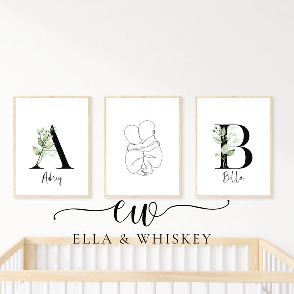 Custom Twin Nursery Art: Personalized Minimalist Prints for Gender-Neutral Décor, Perfect Twin Room Initials & Names Printable Twin Wall Art