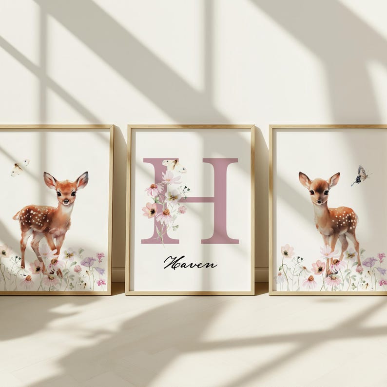 Personalized Wildflower & Deer Wall Art Set | Custom Name Prints ...
