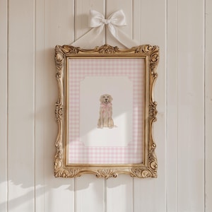 Girls Golden Retriever Nursery Art Printable, Pink Gingham Puppy Wall Decor for Girls Room, Dog Nursery Decoration