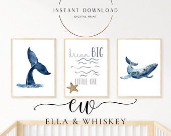 Nautical Nursery, Whale Print Set, Humpback Whale & Tale Designs with Nautical Quote, Ideal New Baby Gift