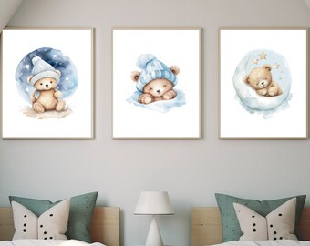Adorable Teddy Bear Nursery Print - Blue Boy Nursery Decor, Whimsical Wall Art Animals