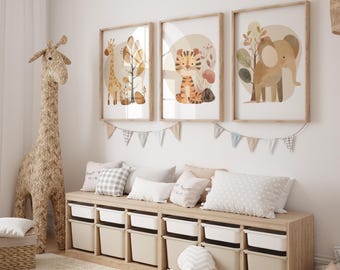 Safari Animal Nursery Prints: Boho Beige Decor, Set of 3 (Digital Download)