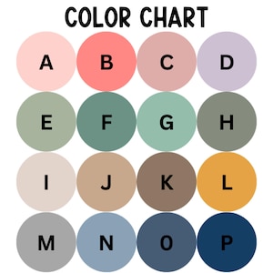 Puede incluir: Una carta de colores con el texto "COLOR CHART" en la parte superior. Diecis&eacute;is c&iacute;rculos de colores est&aacute;n dispuestos en cuatro filas de cuatro. Los colores incluyen rosa, coral, malva, lavanda, verde salvia, verde azulado, menta, gris, beige, marr&oacute;n, oro, azul y azul marino.