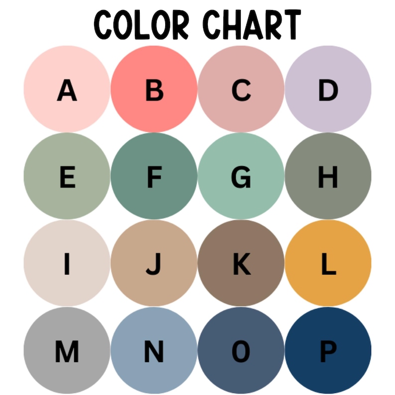 Puede incluir: Una carta de colores con el texto "COLOR CHART" en la parte superior. Diecis&eacute;is c&iacute;rculos de colores est&aacute;n dispuestos en cuatro filas de cuatro. Los colores incluyen rosa, coral, malva, lavanda, verde salvia, verde azulado, menta, gris, beige, marr&oacute;n, oro, azul y azul marino.