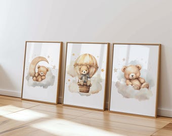 Teddy Bear Nursery Prints: Beige & Brown Decor