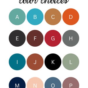 K&ouml;nnte beinhalten: Farbpalette mit 16 verschiedenen Farboptionen, die mit den Buchstaben A bis P beschriftet sind. Die Farben umfassen Teal, Blau, Braun, Orange, Schwarz, Rot, Grau, Gr&uuml;n, Beige und Marineblau.