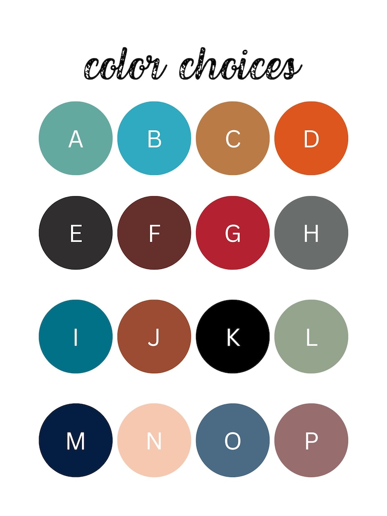 K&ouml;nnte beinhalten: Farbpalette mit 16 verschiedenen Farboptionen, die mit den Buchstaben A bis P beschriftet sind. Die Farben umfassen Teal, Blau, Braun, Orange, Schwarz, Rot, Grau, Gr&uuml;n, Beige und Marineblau.