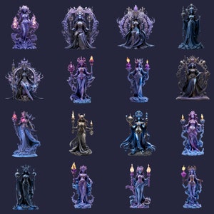 Puede incluir: Un conjunto de 12 figuras en miniatura de mujeres en varias poses, cada una sosteniendo un bast&oacute;n o un orbe. Las figuras est&aacute;n pintadas en tonos de azul, morado y dorado, y se colocan sobre un fondo azul oscuro.