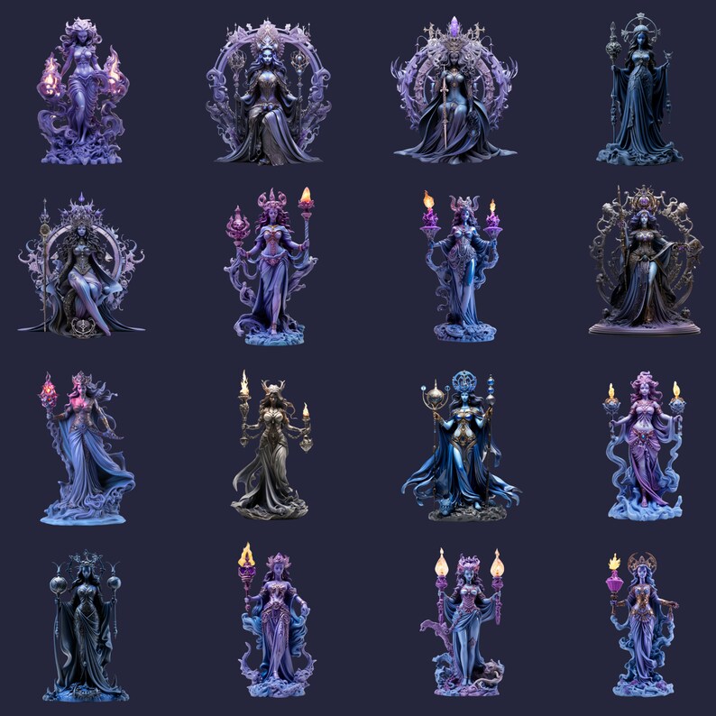 Puede incluir: Un conjunto de 12 figuras en miniatura de mujeres en varias poses, cada una sosteniendo un bast&oacute;n o un orbe. Las figuras est&aacute;n pintadas en tonos de azul, morado y dorado, y se colocan sobre un fondo azul oscuro.