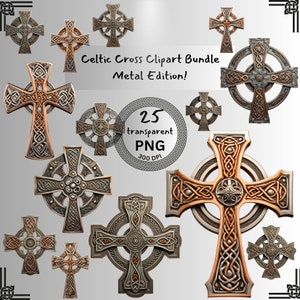 Może przedstawiać: Zestaw 25 obrazów clipart z celtyckimi krzyżami w metalicznym wykończeniu. Krzyże są w różnych wzorach i mają skomplikowane detale. Obrazy są przezroczystymi plikami PNG o rozdzielczości 300 DPI.