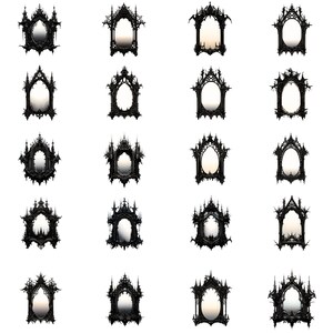 K&ouml;nnte beinhalten: Zwanzig schwarze, verzierte Spiegelrahmen im gotischen Stil mit einem spitzbogigen Design. Die Rahmen sind alle gleich gro&szlig; und in der gleichen Form, aber jeder hat ein leicht unterschiedliches Designdetail.