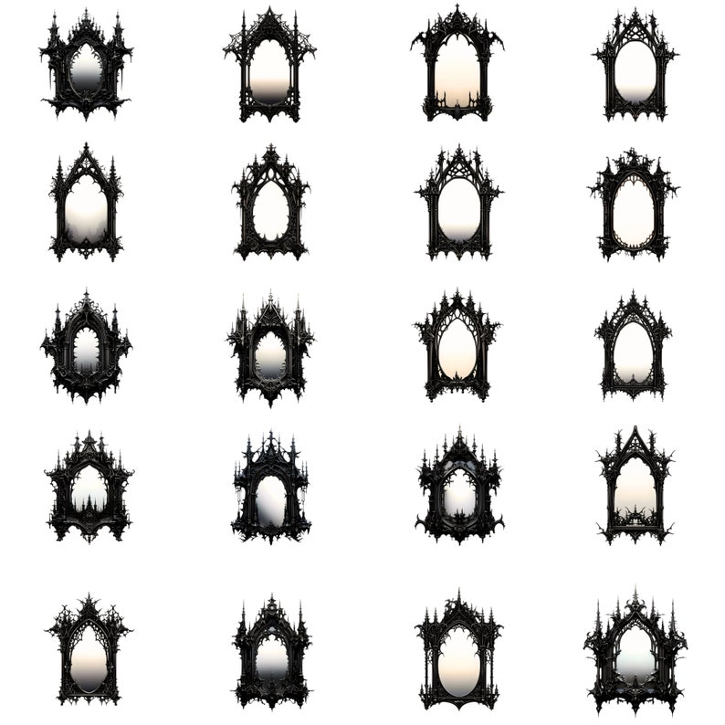 K&ouml;nnte beinhalten: Zwanzig schwarze, verzierte Spiegelrahmen im gotischen Stil mit einem spitzbogigen Design. Die Rahmen sind alle gleich gro&szlig; und in der gleichen Form, aber jeder hat ein leicht unterschiedliches Designdetail.