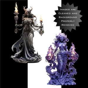 Puede incluir: Dos figuras de fantas&iacute;a, una en gris y otra en morado, est&aacute;n posando sosteniendo antorchas. Ambas figuras est&aacute;n de pie sobre una base de humo arremolinado. El texto "IMAGES ARE CLEANED AND BACKGROUND PROPERLY REMOVED" est&aacute; en la esquina superior derecha de la imagen.