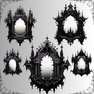 K&ouml;nnte beinhalten: F&uuml;nf schwarze Spiegelrahmen im gotischen Stil mit filigranen Details. Jeder Rahmen hat ein anderes Design mit spitzen B&ouml;gen, T&uuml;rmen und kunstvollen Schnitzereien. Die Rahmen sind vor einem wei&szlig;en Hintergrund isoliert.