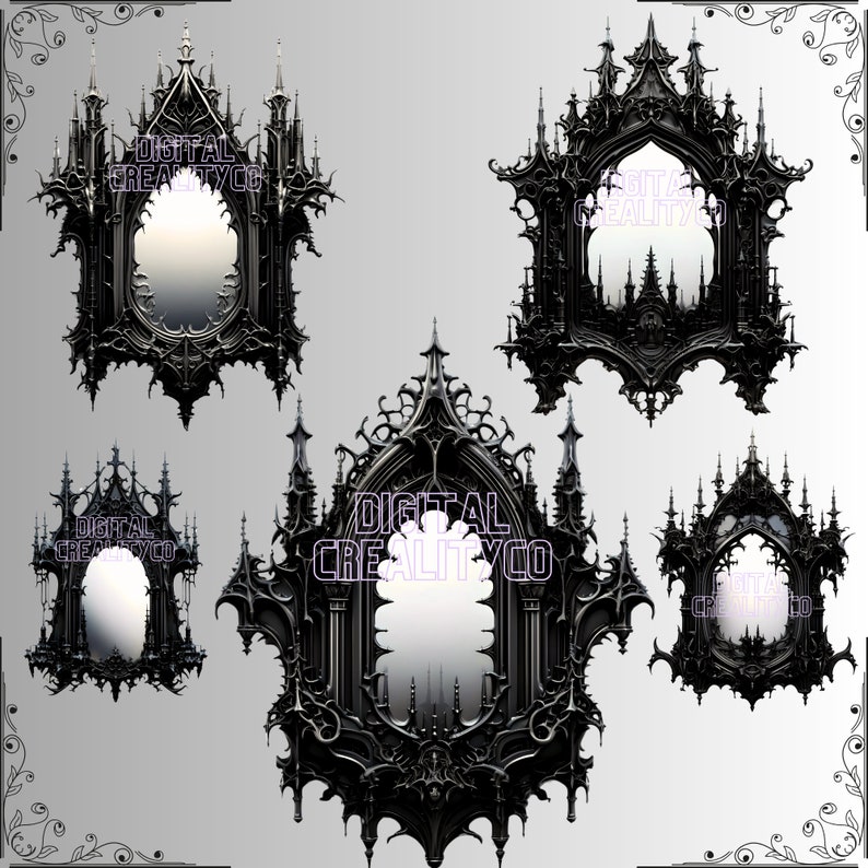 K&ouml;nnte beinhalten: F&uuml;nf schwarze Spiegelrahmen im gotischen Stil mit filigranen Details. Jeder Rahmen hat ein anderes Design mit spitzen B&ouml;gen, T&uuml;rmen und kunstvollen Schnitzereien. Die Rahmen sind vor einem wei&szlig;en Hintergrund isoliert.