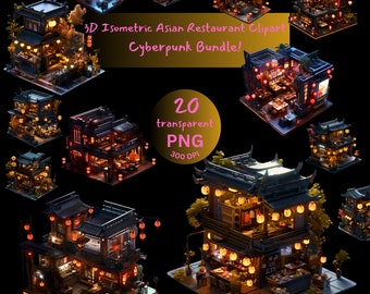 Isometrisches asiatisches Restaurant 3D Clipart Cyberpunk Bundle!