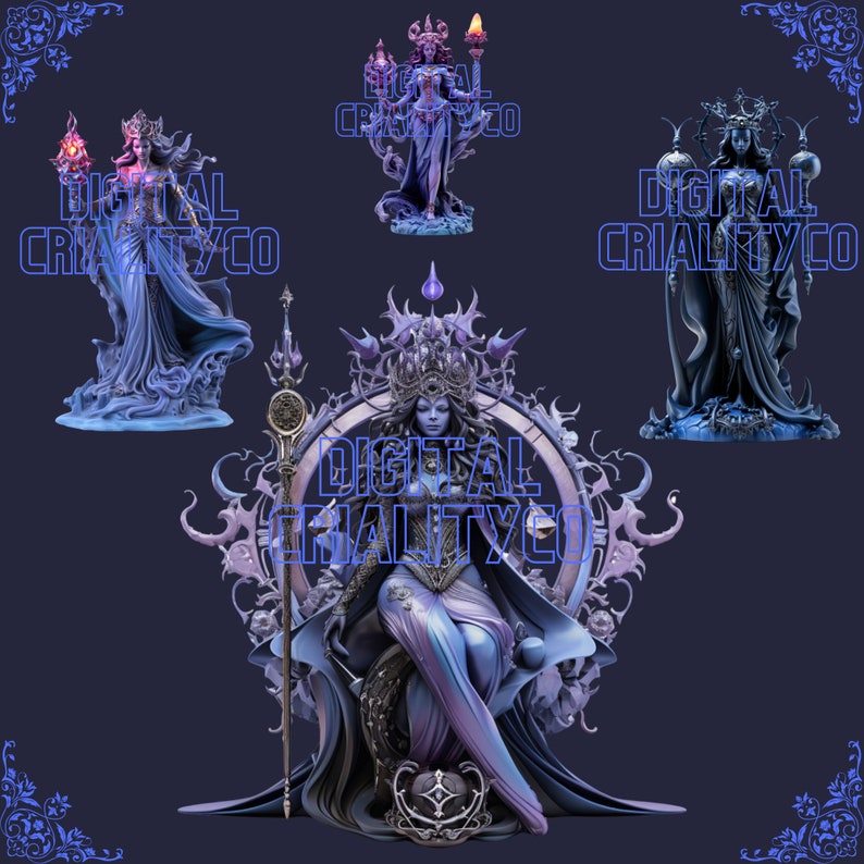 Puede incluir: Una ilustraci&oacute;n digital de una figura femenina azul y morada con una corona y un bast&oacute;n, sentada en un trono con un marco circular. El fondo es de color azul oscuro. El texto "DIGITAL CRIALITYCO" es visible en la imagen.