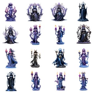 Puede incluir: Un conjunto de 12 figuras en miniatura que representan mujeres en varias poses, cada una sosteniendo un bast&oacute;n o cetro. Las figuras est&aacute;n pintadas en tonos de azul, morado y plateado, y se colocan sobre un fondo blanco.