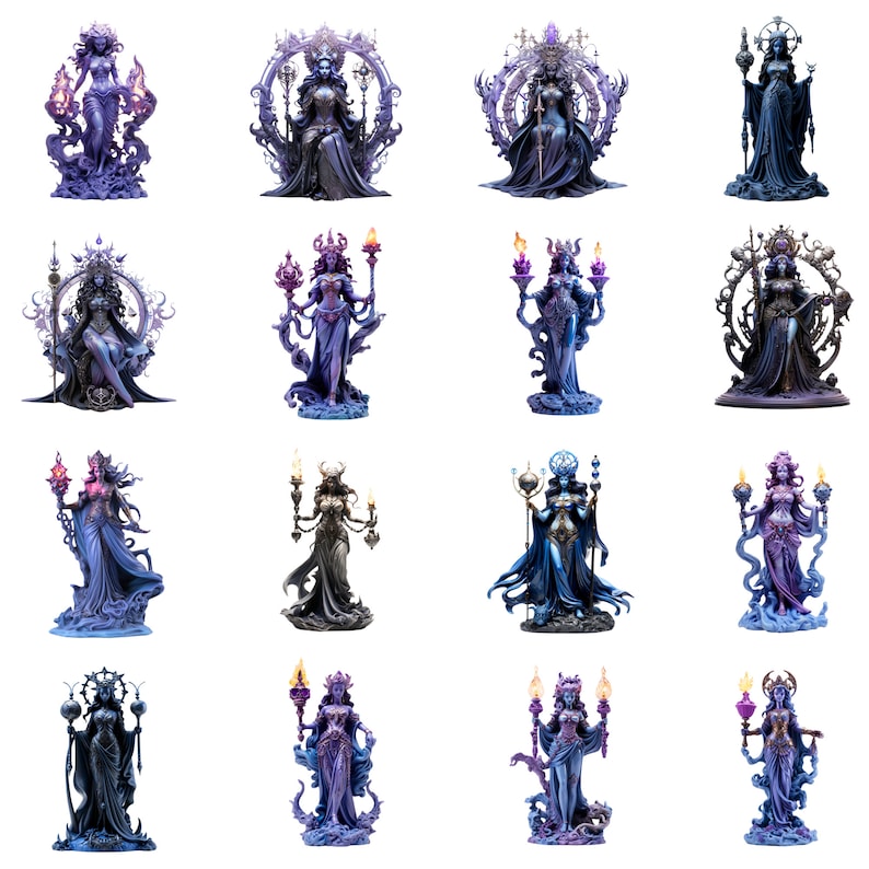 Puede incluir: Un conjunto de 12 figuras en miniatura que representan mujeres en varias poses, cada una sosteniendo un bast&oacute;n o cetro. Las figuras est&aacute;n pintadas en tonos de azul, morado y plateado, y se colocan sobre un fondo blanco.