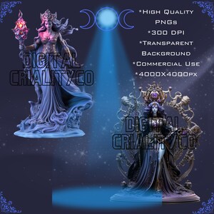 Puede incluir: Dos ilustraciones digitales de una mujer en un estilo de fantas&iacute;a oscura. La mujer de la izquierda lleva un vestido azul fluido y sostiene un bast&oacute;n con un orbe brillante. La mujer de la derecha lleva un vestido negro y una corona con una gran gema. Ambas mujeres tienen el pelo oscuro y los ojos morados. El fondo es azul oscuro con estrellas.