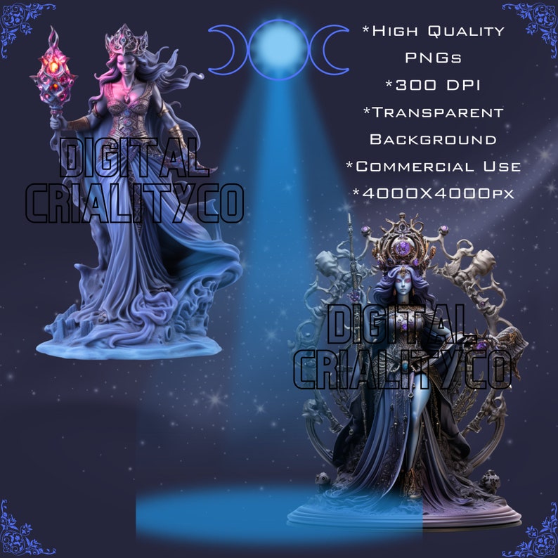 Puede incluir: Dos ilustraciones digitales de una mujer en un estilo de fantas&iacute;a oscura. La mujer de la izquierda lleva un vestido azul fluido y sostiene un bast&oacute;n con un orbe brillante. La mujer de la derecha lleva un vestido negro y una corona con una gran gema. Ambas mujeres tienen el pelo oscuro y los ojos morados. El fondo es azul oscuro con estrellas.