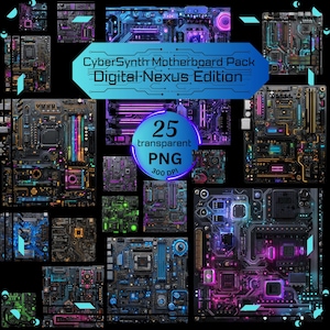 Könnte beinhalten: Eine Sammlung von 25 transparenten PNG-Bildern des CyberSynth Motherboard Pack Digital Nexus Edition. Die Bilder zeigen detaillierte Leiterplatten-Designs mit Neon-Blau-, Lila-, Grün- und Orange-Lichteffekten. Die Bilder sind 300 DPI.