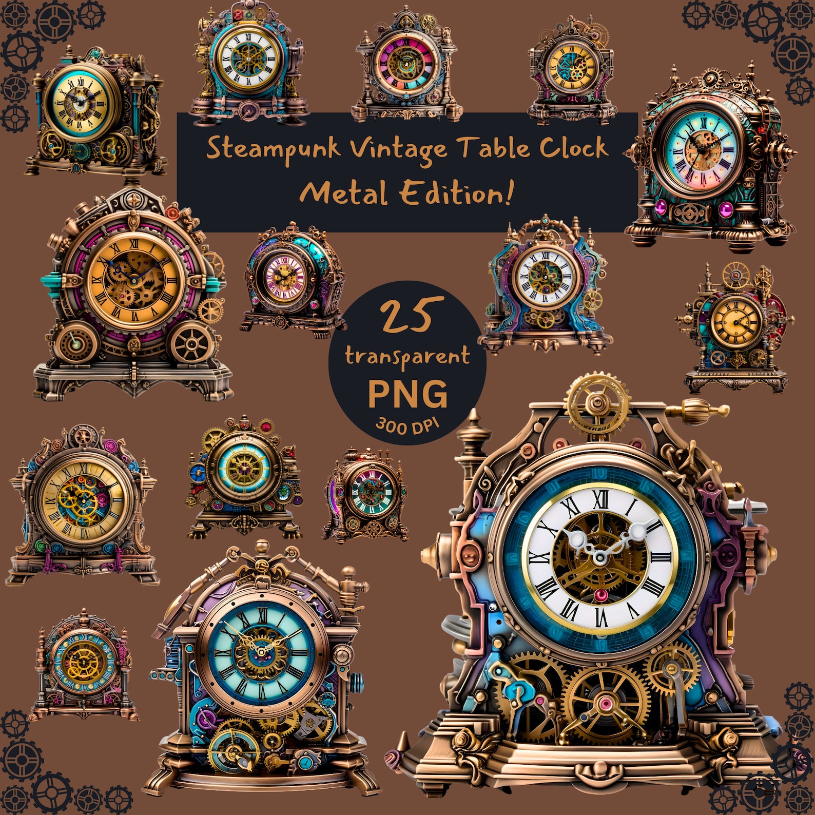 Steampunk Vintage Table Clock Clipart Bundle! Metal Edition - Etsy